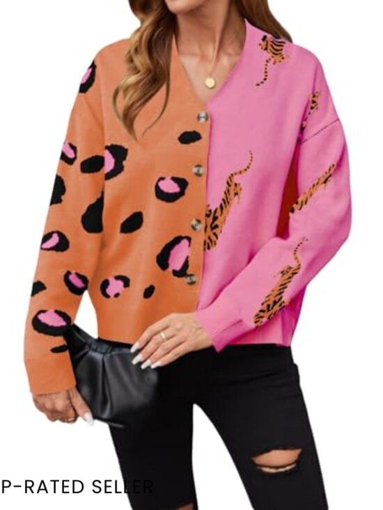 V-Neck Cardigan Sweater Coat Animal Print Color Block Button Down Soft - Picture 2 of 6